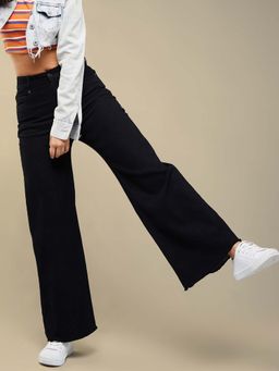 DOLCE CRUDO - Women Black High Rise Regular-Length Stretchable Wide Leg Denim Jeans