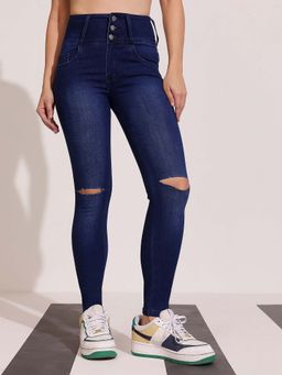 DOLCE CRUDO - Women Navy Blue Skinny Fit Stretchable High Waist Denim Jeans