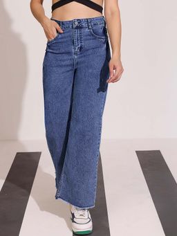 DOLCE CRUDO - Women Navy-Blue Wide Leg High-Rise Regular Stretchable Denim Jeans