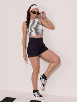 DOLCE CRUDO - Women's Black High-Rise Flared Denim Shorts with Statement Pockets