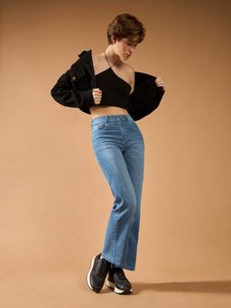 DOLCE CRUDO - Women's Blue Wide-Leg Mid Rise Denim Jeans