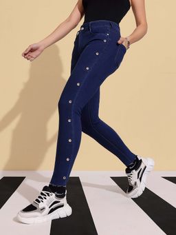 DOLCE CRUDO - Women's Skinny Fit Eyelet Detailing Navy Blue Denim Jeans