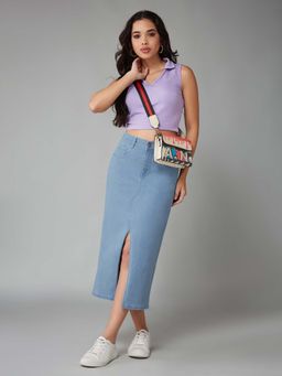 DOLCE CRUDO - Women Light Blue Straight Fit High Rise Stretchable Denim Midi Skirt