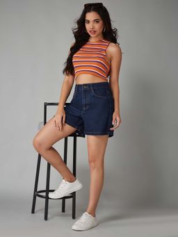 DOLCE CRUDO - Women Dark Blue Flared High-Rise Regular-Length Denim Shorts