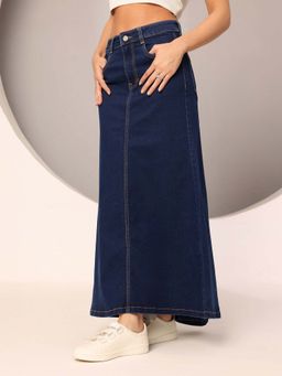 DOLCE CRUDO - Women Dark Blue Flared High-Rise Stretchable Denim Maxi Skirt