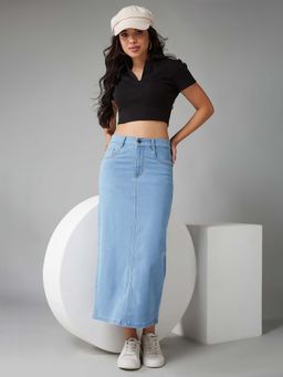 DOLCE CRUDO - Women Light Blue Straight High Rise Midi Stretchable Denim Skirt