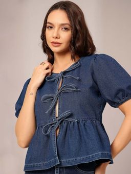 DOLCE CRUDO - Women Dark Blue Round Neck Puff Sleeve Solid Denim Peplum Top