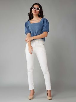 DOLCE CRUDO - Women Light Blue Puff-Sleeve Peplum-Styled Denim Cropped Top