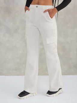 DOLCE CRUDO - Women White Wide Leg Regular Cargo Pockets Stretchable Jeans