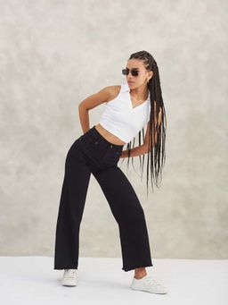 DOLCE CRUDO - Women Black Regular-Length Stretchable Wide Leg Denim Jeans