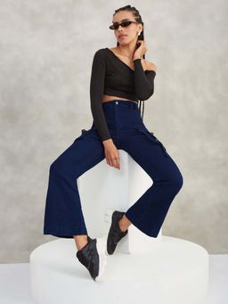 DOLCE CRUDO - Women Navy Blue Bootcut Regular Stretchable Denim Jeans