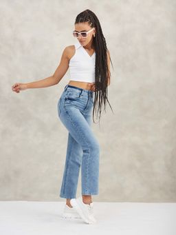 DOLCE CRUDO - Women Light Blue Wide-Leg Stretchable Denim Jeans