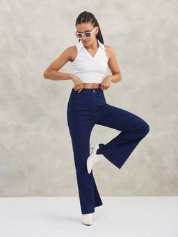 DOLCE CRUDO - Women Navy Blue Bootcut Stretchable Shaping Denim Jeans