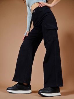 DOLCE CRUDO - Women Black Wide Leg Cargo Pocketed Stretchable Jeans