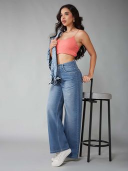 DOLCE CRUDO - Women Light Blue Wide-Leg Non-Stretchable Denim Jeans