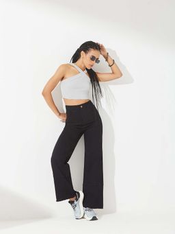 DOLCE CRUDO - Women Black Wide Leg Stretchable Denim Jeans