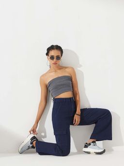 DOLCE CRUDO - Women Navy Blue Stretchable Cargo Denim Jeans