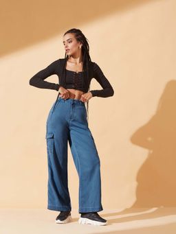 DOLCE CRUDO - Women Blue Wide leg Regular Stretchable Denim Jeans