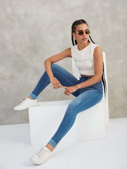 DOLCE CRUDO - Women Blue Skinny Fit Twill Tape Detailing Scraped Denim Jeans