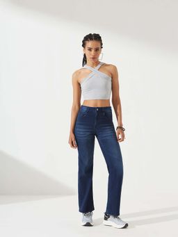 DOLCE CRUDO - Women Navy Blue Clean-Look Regular-Length Stretchable Denim Jeans