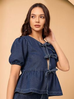 DOLCE CRUDO - Women'S Dark Blue Round Neck Puff Sleeve Solid Denim Peplum Top