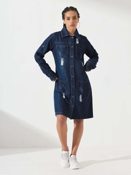 DOLCE CRUDO - Women Navy Blue Collared Button Fly Denim Longline Overcoat