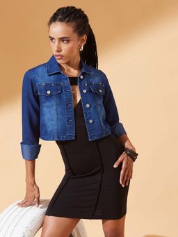 DOLCE CRUDO - Women Navy Blue Solid Polo Neck Denim Embellished Cropped Jacket