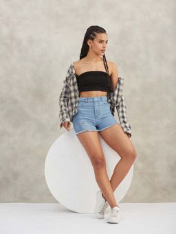DOLCE CRUDO - Women Blue Relaxed High Distress Non Stretchable Denim Shorts