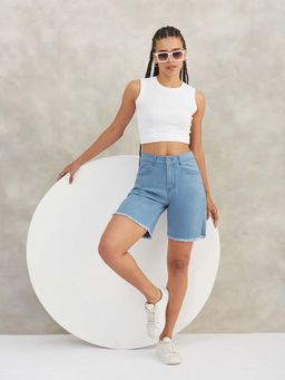 DOLCE CRUDO - Women Light Blue High Rise Above Knee Stretchable Denim Shorts
