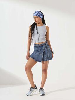 DOLCE CRUDO - Women Navy Blue High Rise Mild Distress Denim Skorts