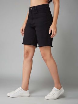DOLCE CRUDO - Women Black High Rise Stretchable Denim Shorts