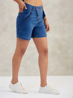 DOLCE CRUDO - Women Relaxed Fit Clean Look Stretchable Blue Denim Bermuda Shorts
