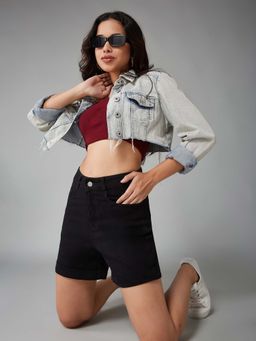 DOLCE CRUDO - Women Black Flared High Rise Stretchable Denim Shorts