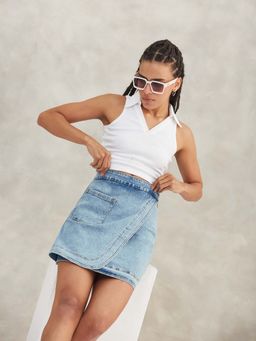 DOLCE CRUDO - Womens Light Blue Regular High rise above Knee Stretchable Denim Skirt