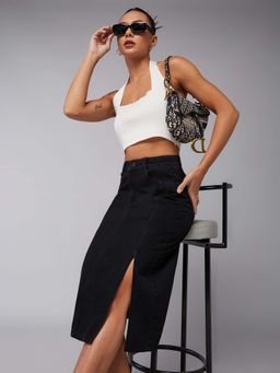 DOLCE CRUDO - Womens Black Straight-Fit High-Rise - Stretchable Denim Midi Skirt