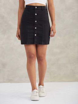 DOLCE CRUDO - Womens Black Stretchable Solid Bodycon Mini Denim Skirt