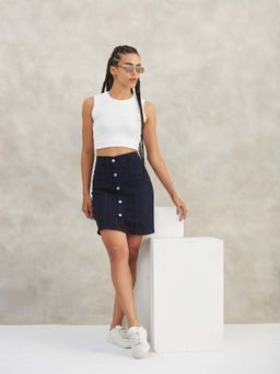 DOLCE CRUDO - Womens Navy Blue Stretchable Solid A-line Mini Denim Skirt