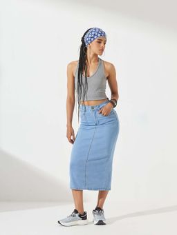 DOLCE CRUDO - Womens Light Blue Straight High Rise Midi Stretchable Denim Skirt
