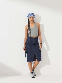 DOLCE CRUDO - Womens Navy Blue Straight High Rise Clean Look Midi Denim Skirt