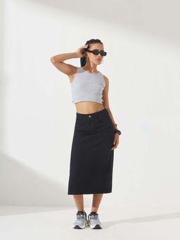 DOLCE CRUDO - Womens Black Straight High Rise Clean Look Stretchable Denim Midi Skirt