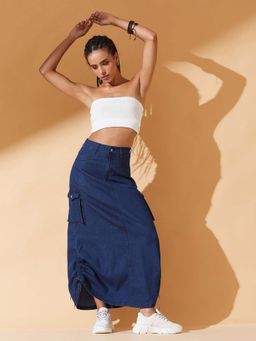 DOLCE CRUDO - Womens Navy Blue Baggy High Rise Ruched Parachute Denim Maxi Skirt