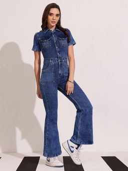 DOLCE CRUDO - Women Blue Solid Regular Stretchable Denim Jumpsuit