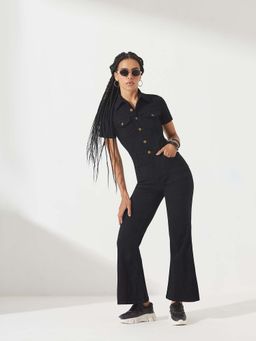 DOLCE CRUDO - Women Black Solid Regular Stretchable Denim Jumpsuit