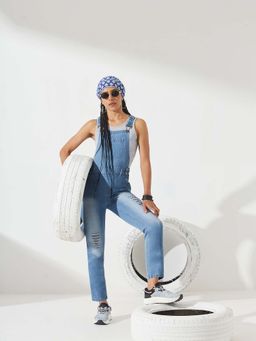 DOLCE CRUDO - Women Light Blue Regular Fit Regular Length Ripped Denim Dungaree