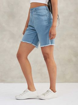 DOLCE CRUDO - Women Light Blue Clean Look Above Knee Stretchable Denim Shorts
