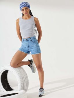 DOLCE CRUDO - Women Light Blue Relaxed Fit Mid Rise Denim Shorts
