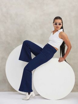 DOLCE CRUDO - Women's Navy Blue Bootcut Regular Length Stretchable Denim Jeans