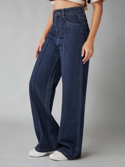 DOLCE CRUDO - Women's Navy Blue Wide-Leg Non-stretchable Denim Jeans