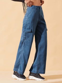 DOLCE CRUDO - Women's Blue Wide leg High rise Clean look Stretchable Denim Jeans