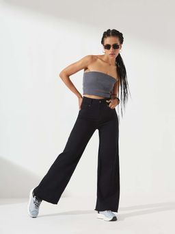 DOLCE CRUDO - Women's Black Clean Look Regular-Length Stretchable Wide Leg Denim Jeans